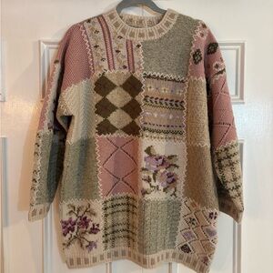 Vintage Laura Ashley Pastel Pattern Patchwork Crewneck Sweater Pink Cream Size S